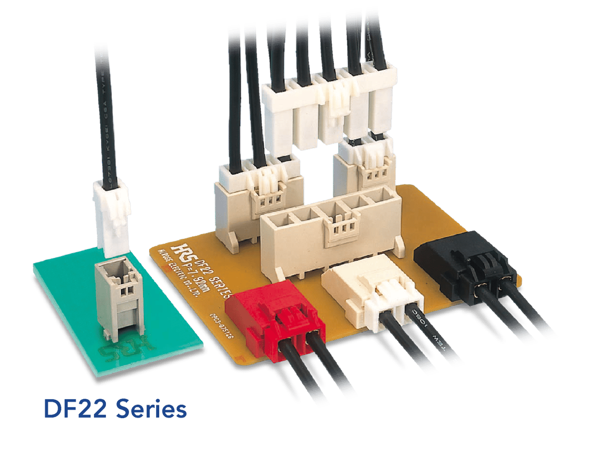 Image of Hirose's DF22 connector, a 4A micro hybrid solution for FPC-to-board connections in micro-mobility applications.
