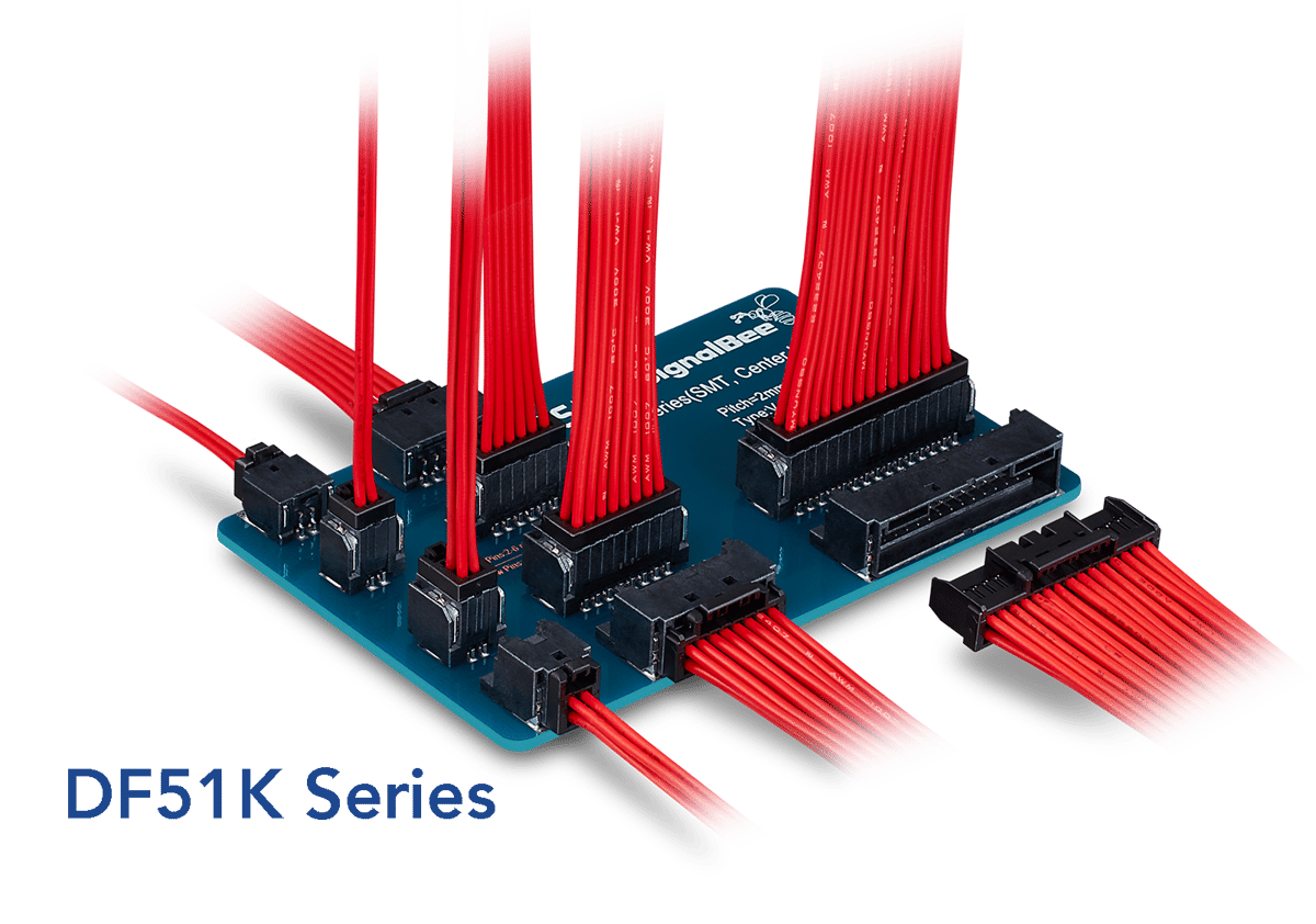 Image of Hirose's DF51K connector from the SignalBee™ series, showcasing its 2mm pitch and positive lock design for wire-to-board connections in micro-mobility projects.