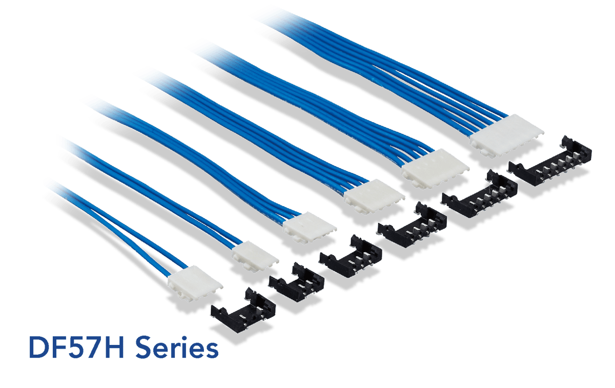 Image of Hirose's DF57H connector, a low-profile solution with a swing-lock feature for wire-to-board power connections in micro-mobility settings.