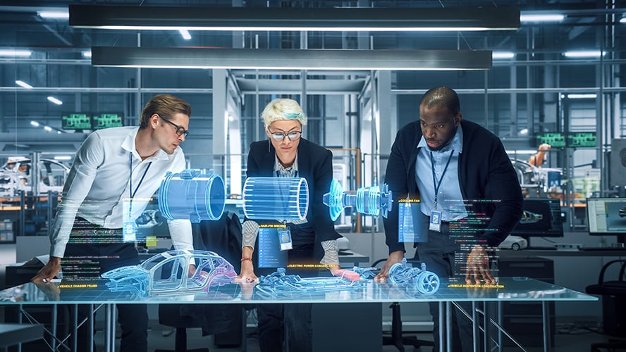 Image of engineers designing in connectors using 3d virtual reality imaging